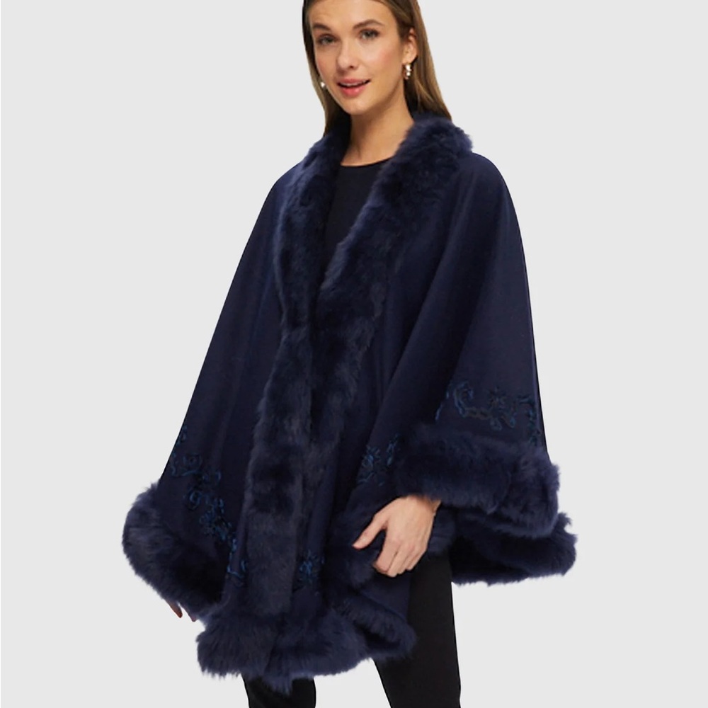 NWT GORSKI Navy EMBROIDERED WOOL AND CASHMERE CAPE